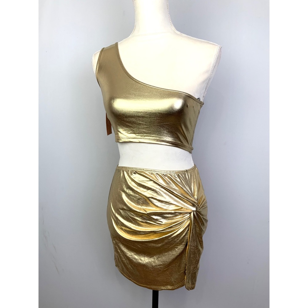 NWT Gold Metallic 2 Piece Outfit One Shoulder Crop Top Twist Front Slit Skirt S